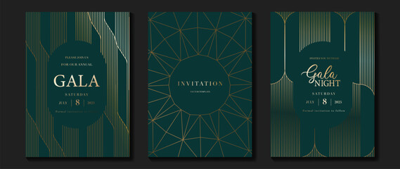 Naklejka premium Luxury green art deco wedding invitation card vector. Classic antique cards design for VIP invite, Gatsby invitation gold, Fancy party event, Save the date card and Thank you card. Vector illustration