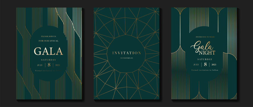 Luxury green art deco wedding invitation card vector. Classic antique cards design for VIP invite, Gatsby invitation gold, Fancy party event, Save the date card and Thank you card. Vector illustration