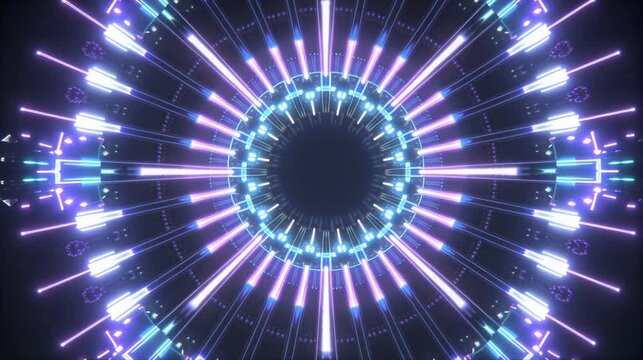 Futuristic circular burst animation with glowing blue and violet rays, ideal for sci fi backgrounds, digital intros, music visuals, and abstract motion graphics