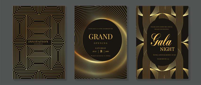 Art deco wedding invitation card vector. Luxury classic antique cards design for VIP invite, Gatsby invitation gold, Fancy party event, Save the date card and Thank you card. Vector illustration
