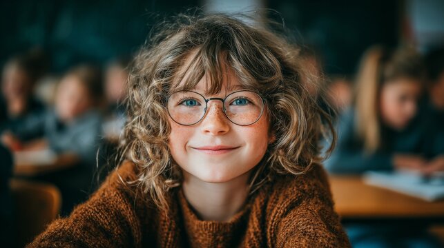 A bright‑eyed child donning glasses and a comfortable sweater beams with delight in a classroom, surrounded by peers
