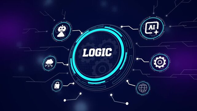 Modern computer logic architecture visualization with a digital hud interface, highlighting automated decision making and data synchronization for technology videos