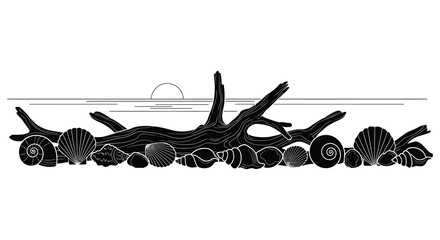 A stark black and white illustration depicts driftwood seashells and a setting sun presented as a silhouette high quality professional detailed © Creativekhairul02