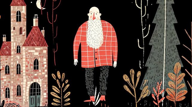 Santa Claus Winter Scene - Whimsical Art in Colorful Woodland Setting with Festive Character and Castle