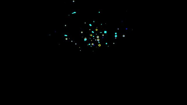 3D confetti explosion animation on background confetti explosion animation Abstract Motion Graphics of Cyan and Gold Particle Burst, Vibrant Geometric Shapes Falling on Black Screen, High Quality