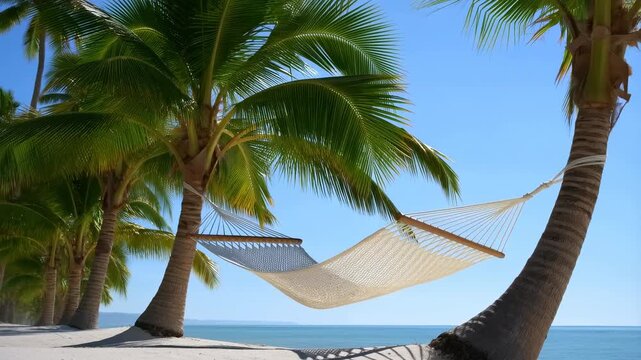 Static shot of hammock gently swaying between palm trees on tropical beach at midday