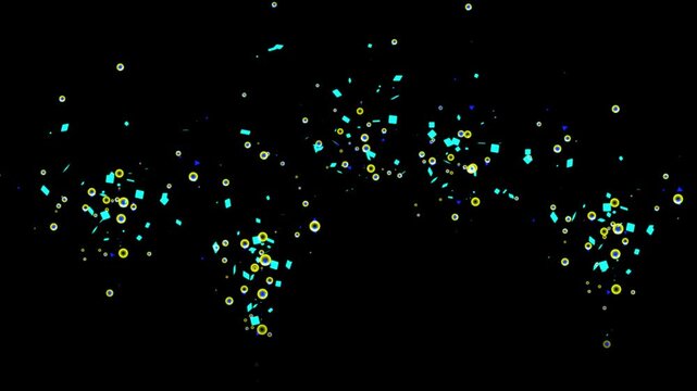 confetti explosion animation Blue and Golden Geometric Shapes Confetti Explosion on Black Background, 2D Animated Floating Particles with Circles and Squares for Celebration and Award Ceremonies.