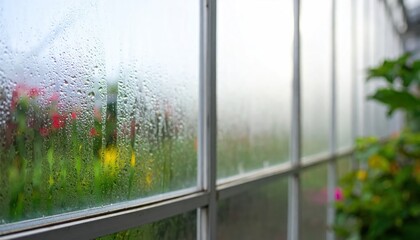 Naklejka premium Foggy Greenhouse with Flowers and Greenery.