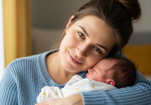 Mother holding sleeping newborn baby close with a gentle smile, wearing a blue sweater