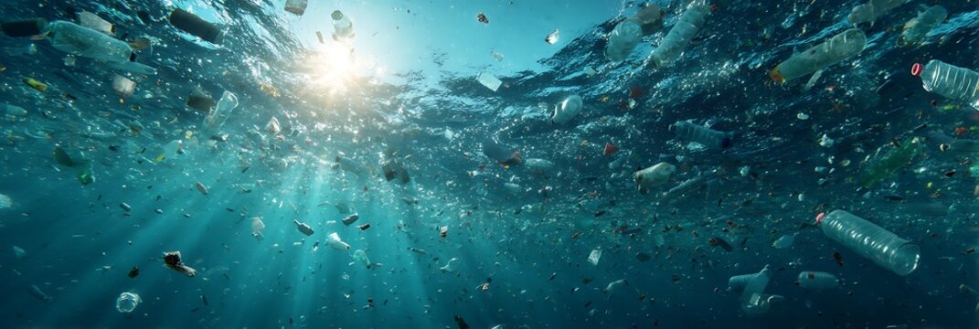 Dramatic Underwater View of Plastic Pollution in the Ocean with Sunlight Rays Highlighting Floating Waste and Environmental Crisis Impacting Marine Ecosystems