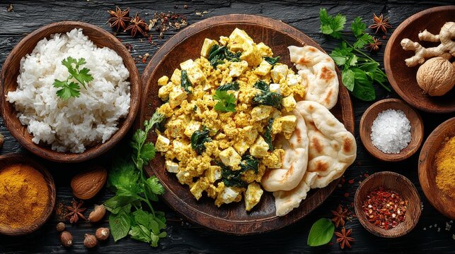 A colorful Indian saag paneer that includes creamy spinach and paneer cheese curry