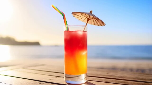 Tracking shot of tall layered cocktail with umbrella and straw sitting on wooden table by seaside during sunrise