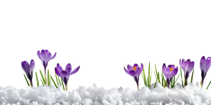 bottom border of snow and purple crocus flower growing from ground of piles of frozen snow in winter or early spring isolated on white or transparent png