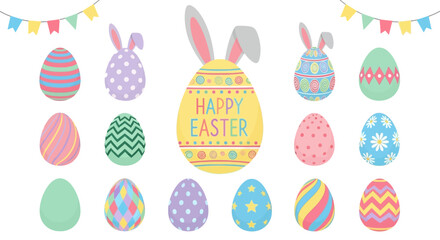 Happy Easter, a vibrant collection of decorated eggs and bunny ears, perfect for festive celebrations and springtime greetings © charli