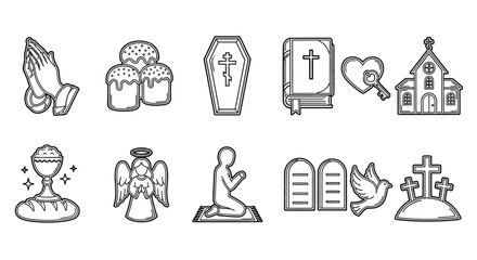 Fototapeta na wymiar Collection of religious and funeral icons representing faith, spirituality, and remembrance through symbols like churches, crosses, and angels