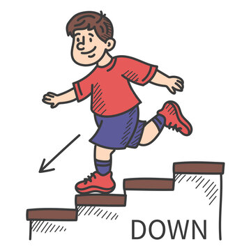Boy going down the stairs doodle vector isolated. Hand-drawn illustration of a kid going down. Learning English prepositions. Idea of education and English vocabulary.