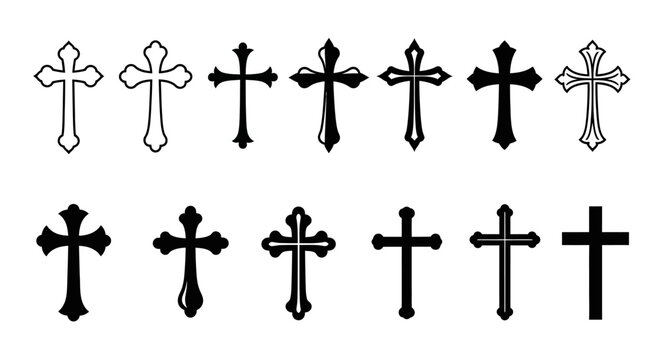 A diverse collection of stylized Christian cross designs, featuring various forms of religious symbols and spiritual emblems perfect for sacred graphic projects and faith-based representations