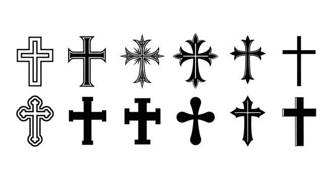 Assortment of unique cross symbols, depicting a range of spiritual and ornamental shapes in a versatile graphic collection