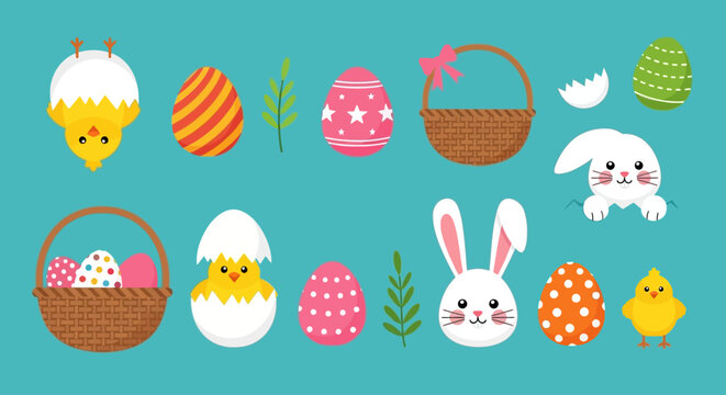 Cute Easter icons featuring colorful eggs, a fluffy bunny, a chick hatching from an egg, and festive baskets, perfect for holiday celebrations and decorations