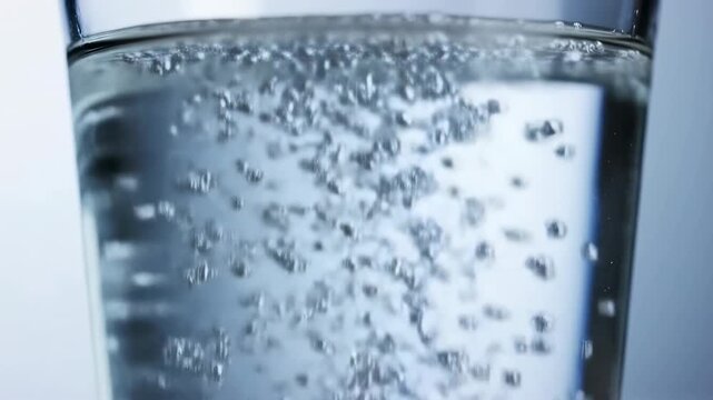 Slow motion closeup of effervescent bubbles rising and fizzing inside glass of water on studio countertop
