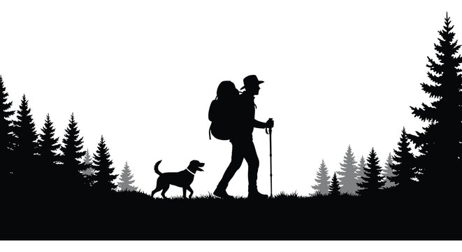 A hiker and their dog walk along a forested trail enjoying the outdoors in a striking silhouette high quality professional detailed