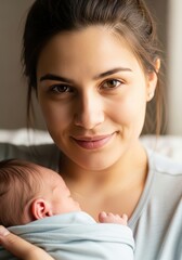 A young mother holding her newborn baby wrapped in a light blue blanket