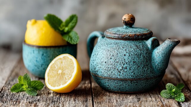 A still life featuring lemon balm and a teapot appears in a classical oil painting