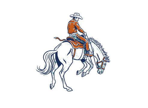 Cowboy riding horse vintage artwork for t shirt. Rodeo artwork for apparel, sticker and poster. Wild west vintage design. Western. Ride and free.