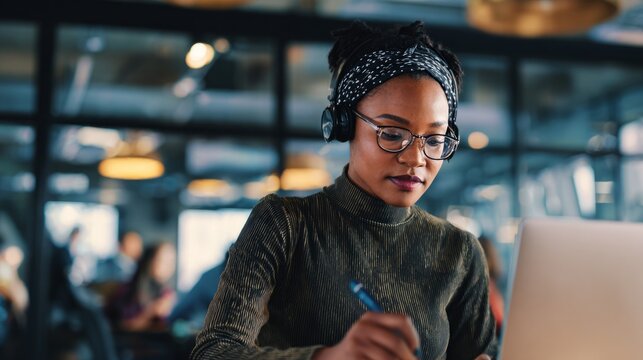 a black woman wearing headphones is writing notes while using a laptop in a modern office. 