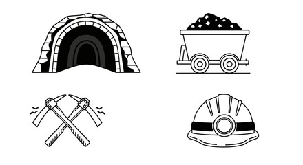 Mining industry tools and equipment set, including mine entrance, cart, pickaxes, and hard hat. © Rara