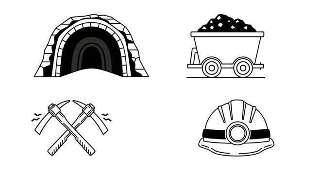 Mining industry tools and equipment set, including mine entrance, cart, pickaxes, and hard hat.