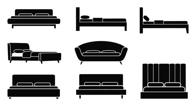 A collection of black furniture outlines depicting various bed and sofa designs in a flat silhouette high quality professional detailed modern