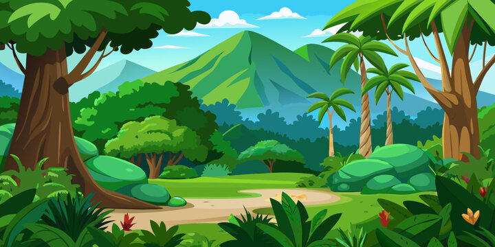 Green jungle tropical rain forest nature landscape background paper art style.Vector illustration.