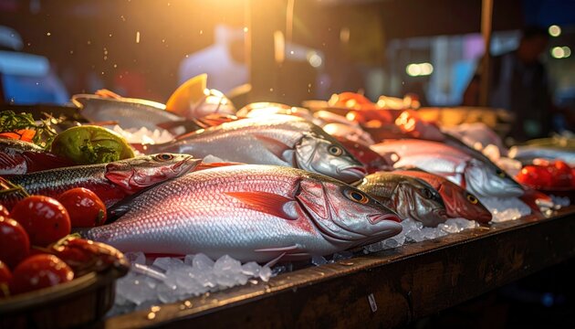 Fresh Fish Display at Night Market Stall.