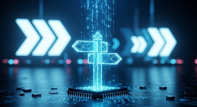 Glowing digital signpost rising from computer chip with blue binary data rain and neon arrow symbols for high tech navigation and data strategy