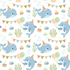 Obraz premium Under the sea. Marine animals. Vector seamless pattern. Whales and dolphins at the party.