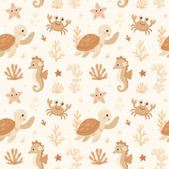 Fototapeta premium Under the sea. Marine animals. Vector seamless pattern. Turtle, crab and seahorse.