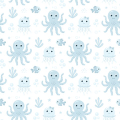 Naklejka premium Under the sea. Marine animals. Vector seamless pattern. Octopuses and jellyfish. 