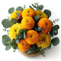Obraz premium Fresh, radiant marigold blossoms form a bouquet isolated on a white backdrop