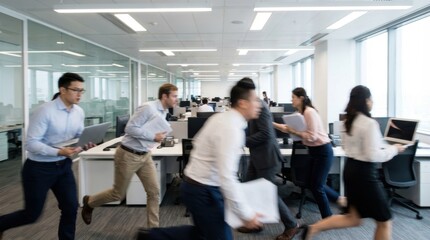 Obraz premium Several diverse business professionals rush through a contemporary open plan office carrying various work items with