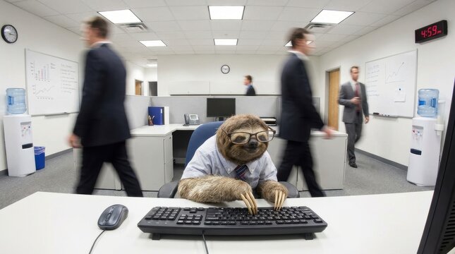 A sloth in glasses shirt and tie deliberately types at an office desk Blurry corporate workers rush through the busy