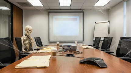 Fototapeta premium Skeleton in a tie sits at a long cobweb covered meeting room table with a projector and old documents
