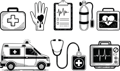 Medical emergency icons set, black and white hand drawn sketch collection featuring ambulance first aid kit and essential medical equipment for healthcare and safety design. © Eva Elrod
