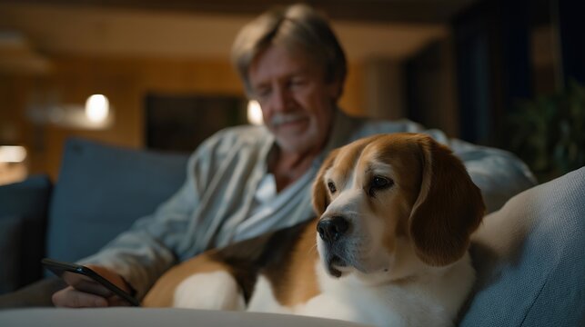 Elderly widower video calls distant family while aging beagle rests head on knee in dimly lit living room, perfect for digital connection, remote communication keywords, and contemporary technology