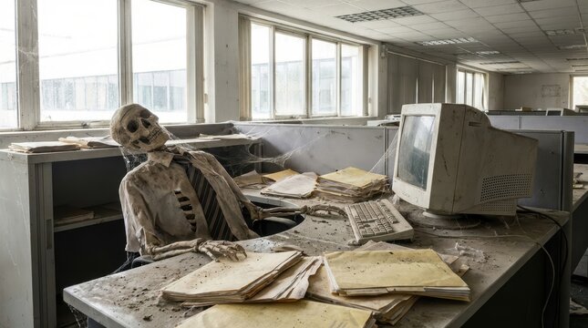 Skeleton in shirt and tie sits at a dusty cobweb laden office desk with an old computer and yellowed papers