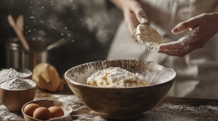 Fototapeta premium Baker's hands covered in flour as they prepare dough in a rustic kitchen with eggs and bread