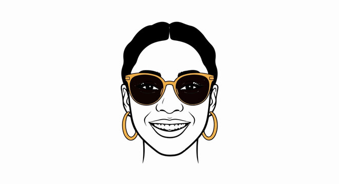 A stylized illustration of a smiling woman wearing large sunglasses and hoop earrings