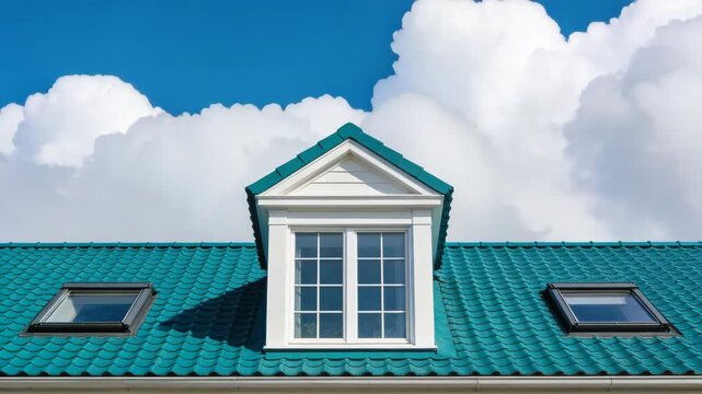 American style house, with blue roof, dormer window and skylights under blue sky architectural detail