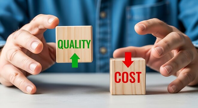 Businessman hands arranging wooden blocks with quality and cost text representing financial optimization and product improvement strategy for success