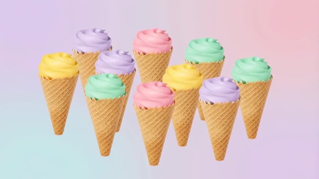 Panning slow motion tracking shot of pastel ice cream cones gently shifting and floating across gradient pink and blue studio backdrop